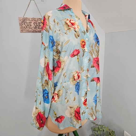 Umgee Tunic Floral Blue Red Long Sleeve Button Down Shirt Cotton Medium Boho - Picture 3 of 15